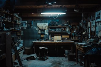 An intricately cluttered and moody workshop, filled with tools and vintage items, AI generated