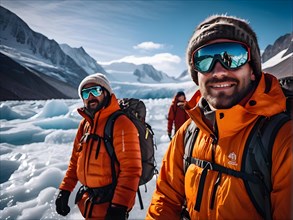 Tourists clad in vivid cold weather attire exploring the melting glaciers their expressions, AI