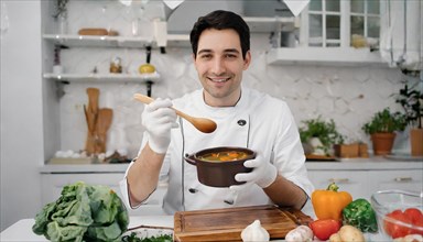 AI generated, portrait, an attractive chef in the kitchen tasting a vegetable soup