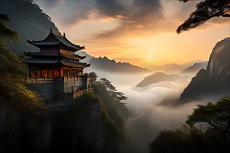 Shaolin temple embraced by the warm glow of sunset, AI generated
