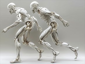 Two human skeletons in dynamic running pose in front of a white background, AI generated, AI