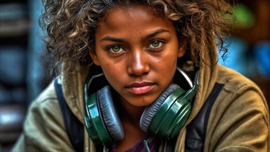 A youthful girl with headphones hangs around an urban environment with an intense gaze, women at