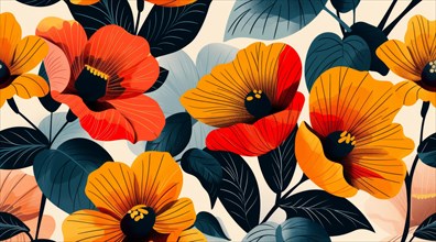 Bright and colorful digital art of a seamless botanical pattern with red and orange flowers, ai