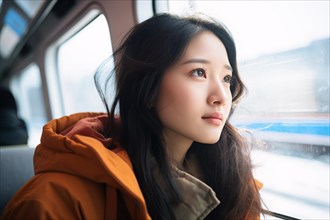 Young Asian woman travelling in train looking out of window. KI generiert, generiert AI generated