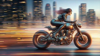 A sleek depiction of a woman speeding on a motorcycle through a city illuminated by lights, AI