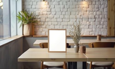 Minimalist cafe with a small empty frame, wooden furniture against a white brick wall, and a vase