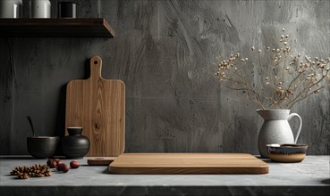 Serene kitchen arrangement with cutting boards, utensils, and a jug with dry flowers AI generated