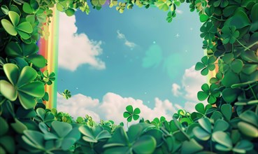 Whimsical 3D opening framed by clovers with a rainbow in the clear sky AI generated