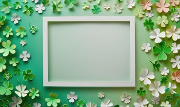 Elegant dark green background with a white frame and scattered paper clovers AI generated