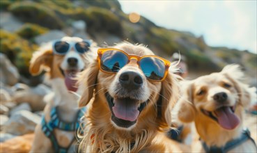 Group of dogs in sunglasses enjoying a sunny day at the beach, emanating joy AI generated