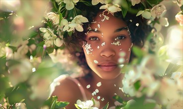 Young woman surrounded by flower petals and lush greenery in natural light AI generated