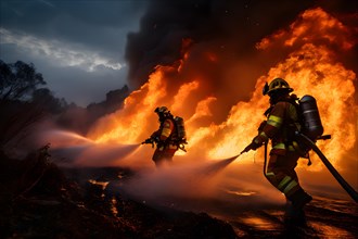 Firefighters engage a roaring wildfire, AI generated