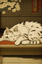 Serene illustration of a sleeping fat cat in a Japanese ukiyo-e art style, vertical aspect, AI