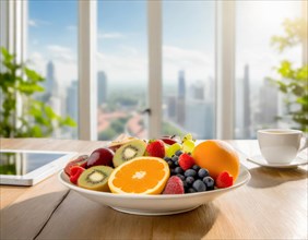 A sun-drenched high-tech office with a plate of fruit on the table and an urban panorama, AI