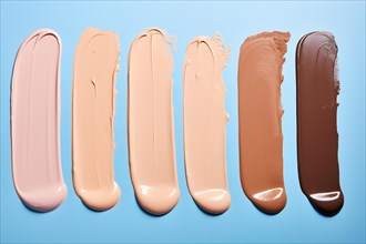 Different makeup foundation swatches for caucasian and black skin tones on blue background. KI