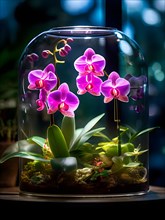 Orchids flourish inside a sophisticated glass terrarium their delicate structure, AI generated