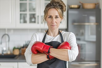 Middle-aged housewife woman in kitchen with apron, red boxing gloves. KI generiert, generiert AI