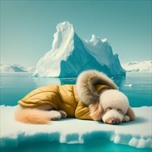 Dog Animal character in yellow golden puffer jacket lies on a block of ice alone in the middle of