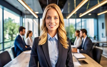 Self-confident woman with blonde hair standing in the office, professional businesswoman, young