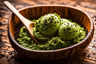 Matcha green tea ice cream nestled in a textured coconut bowl speckled with dark chocolate