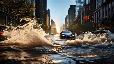 Dynamic rush of water as it inundates an urban street partially, AI generated