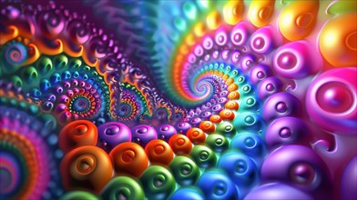 Psychedelic art piece with colorful vibrant fractal patterns forming a spiral design, ai generated,