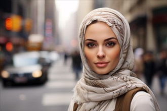 Portrait of muslim woman with hijab headscarf with blurry city street in background. KI generiert,