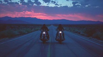 Two motorcyclists ride towards a vibrant sunset under a dusky sky, AI generated