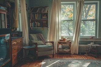A cozy reading nook with an armchair and bookshelf bathed in autumn light, AI generated