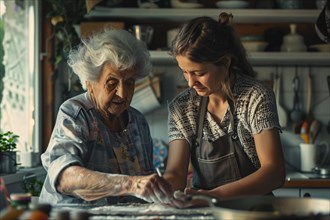 Grandmother teaching her granddaughter to cook in the kitchen, AI generated
