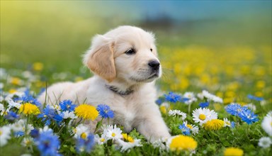 KI generated, A Golden Retriever lies in the grass of a flower meadow, young animals, animal