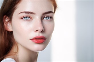 Beuaty shot of young woman with red hair, pale skin and red lips. KI generiert, generiert AI