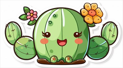 A cheerful cartoon cactus with a cute face, surrounded by colorful flowers, ai generated, AI