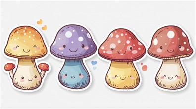 Five cute cartoon mushrooms with smiling faces and heart details as a sticker set, ai generated, AI