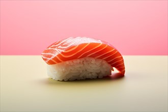 Single piece of nigiri sushi with salmon on studio background. KI generiert, generiert AI generated