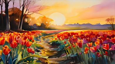 Tulip field awash in the amber hues of a setting sun watercolor painting, AI generated