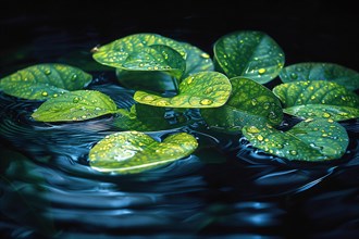 Green water lilies with raindrops float on tranquil dark waters, AI generated