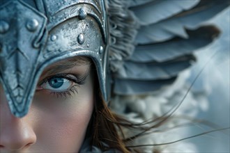 Close up half of woman's face covered in winged Norse mythology Valkyrie helmet. KI generiert,