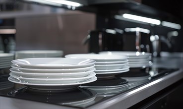 Clean stacks of plates on a kitchen counter in a modern, dark kitchen setting AI generated