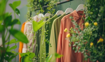 Pastel-colored clothes arranged on a rack surrounded by plants AI generated