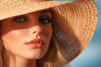 Beautiful woman with large summer straw hat and sun catsing shadow on face. KI generiert, generiert