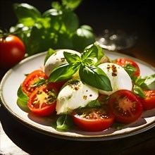 Caprese salad featuring ripe tomatoes embracing buffalo mozzarella fresh basil leaves perched on