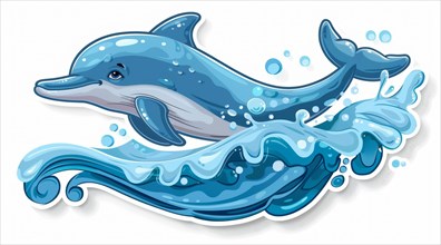 A cartoon dolphin leaping joyfully among stylized blue waves, ai generated, AI generated