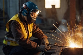 Skilled woman in protective gear welding metal with sparks flying, women at heavy industrial