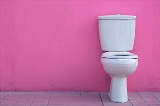White ceramic toilet in front of pink wall. KI generiert, generiert AI generated