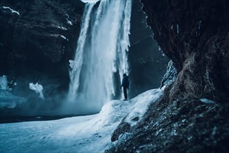 Silhouette of woman in winter in Iceland visiting Skogafoss waterfall