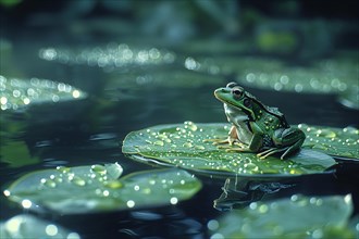A frog resting on a water lily leaf with water droplets, serene pond setting, AI generated