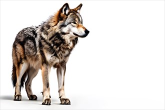 Stoic grey wolf gaze intense commanding presence, isolated white background, AI generated