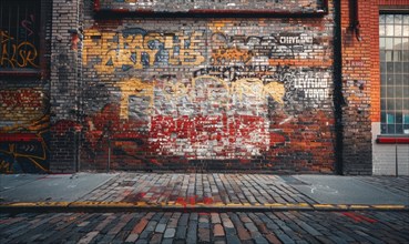 Graffiti art adds a splash of color to the urban landscape, covering a weathered brick wall AI