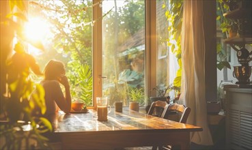 Silhouette of a woman enjoying a peaceful morning in a sunny, plant-decorated dining area AI